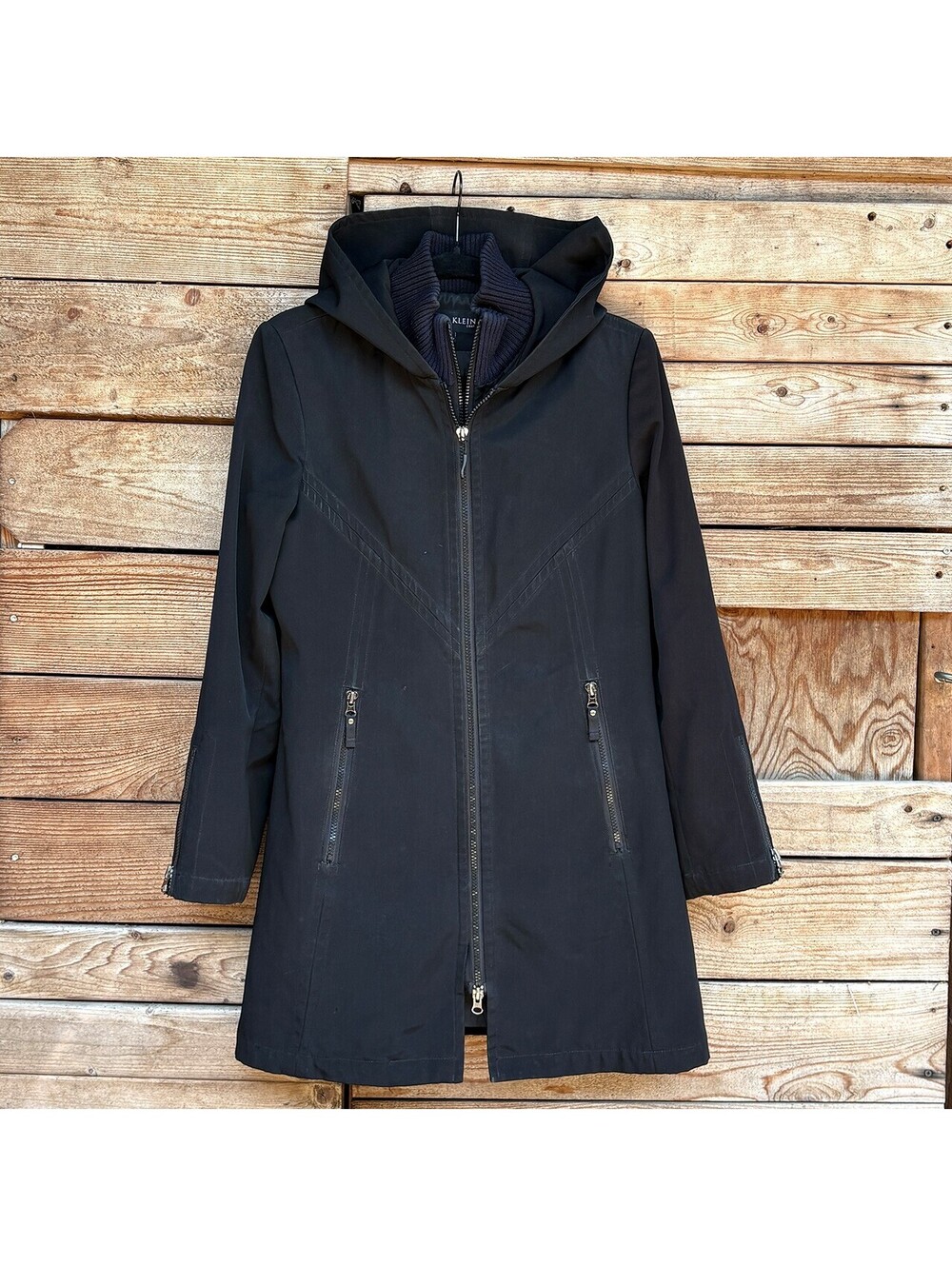 Anne Klein Black Hooded Coat with Knit Collar, Size Small